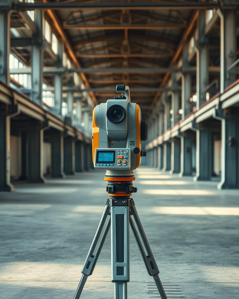 Survey-grade laser scanner mounted on a tripod inside a wide industrial building