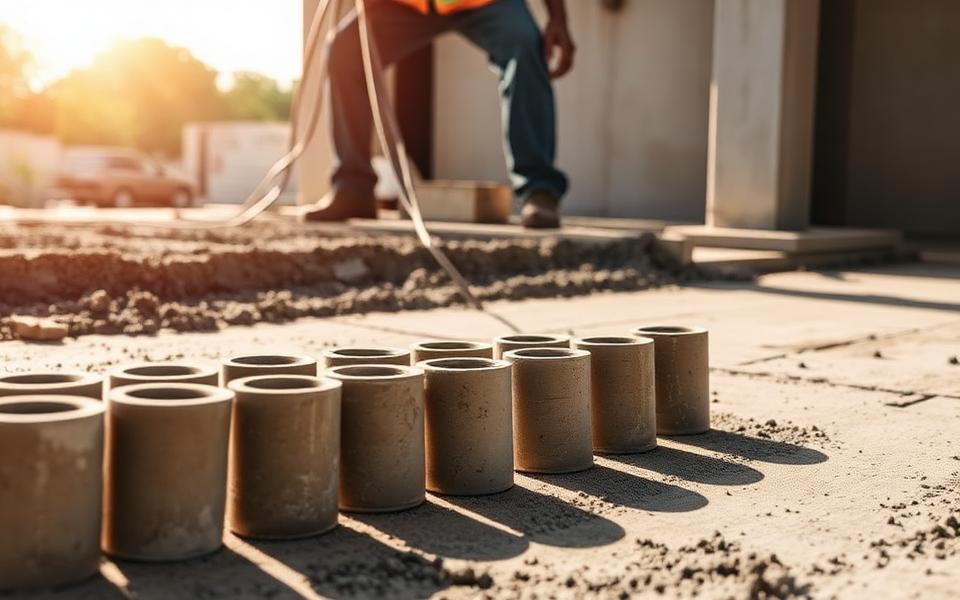 Concrete pour in progress with concrete cylinder test samples in the foreground