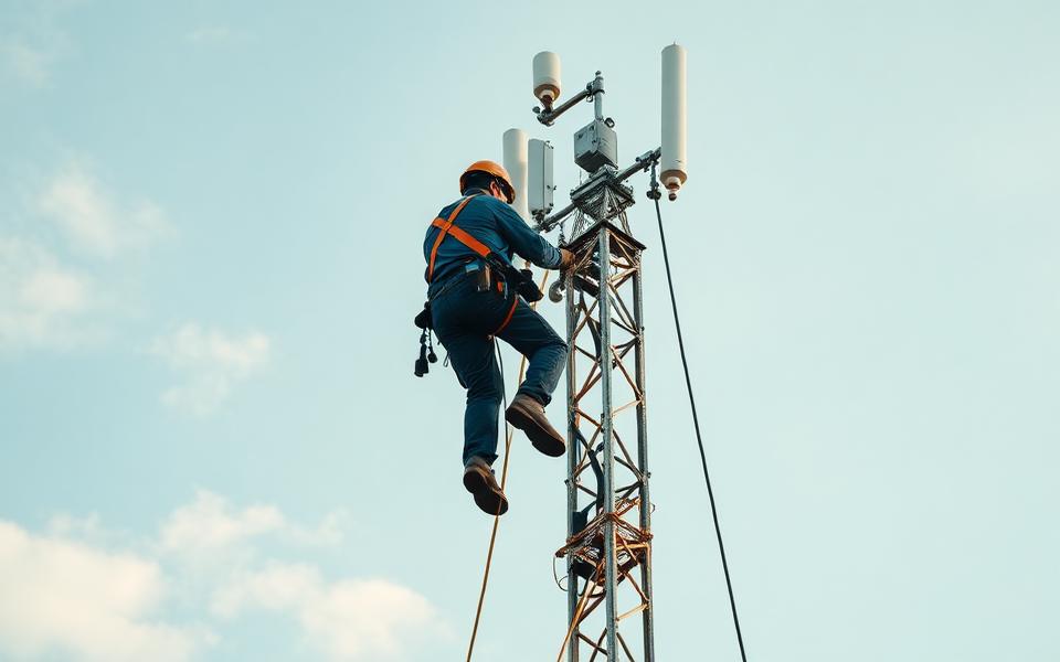 Technician in a safety harness working high on a steel communications tower