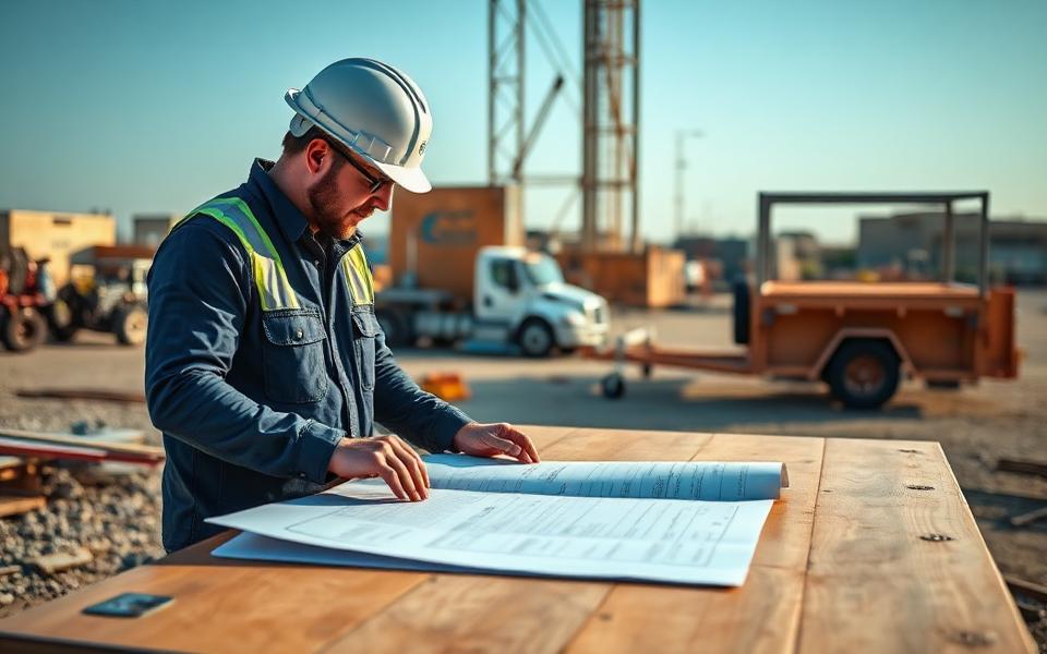 Site managers reviewing construction plans at a job site trailer