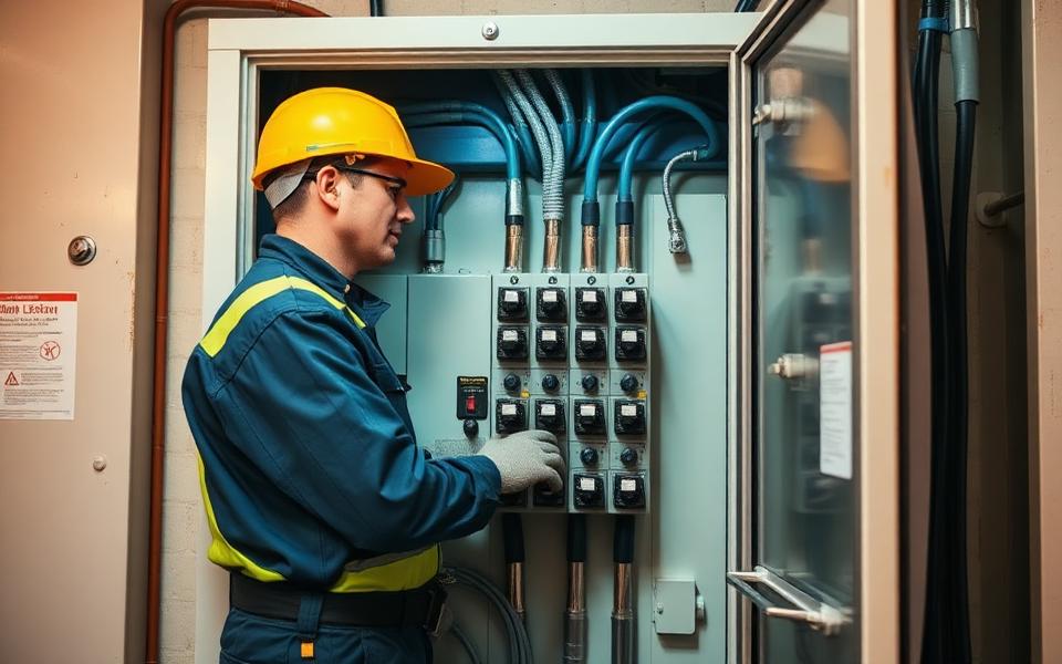 Electrician working inside an open industrial electrical panel