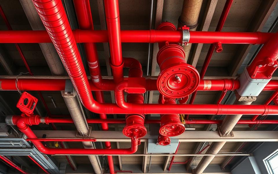 Overhead red fire sprinkler piping in a commercial building ceiling