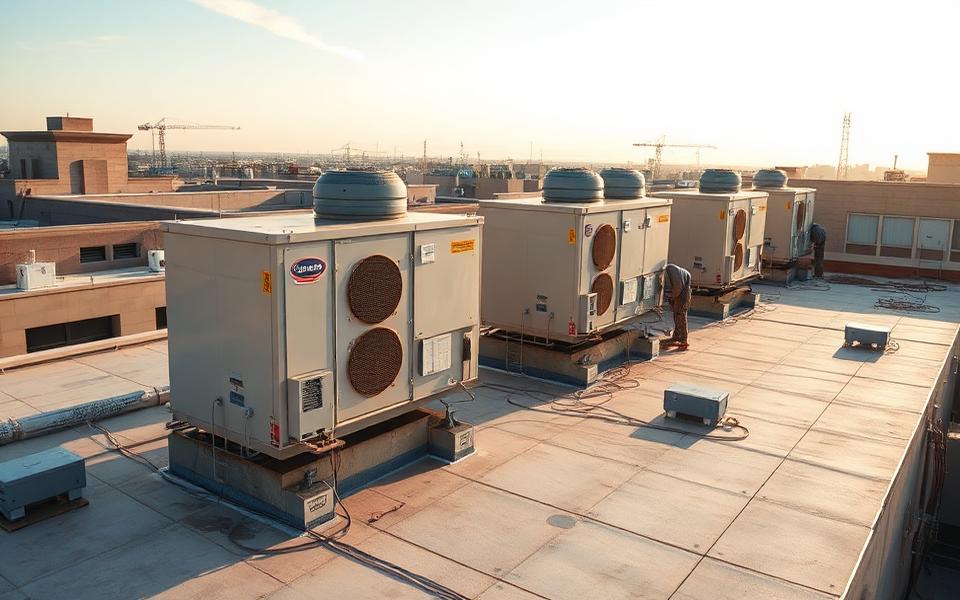 Rooftop mechanical HVAC units being installed on a commercial building