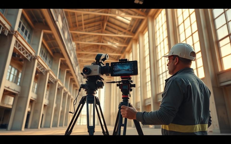 Technician scanning a large building interior with a tripod-mounted LiDAR scanner