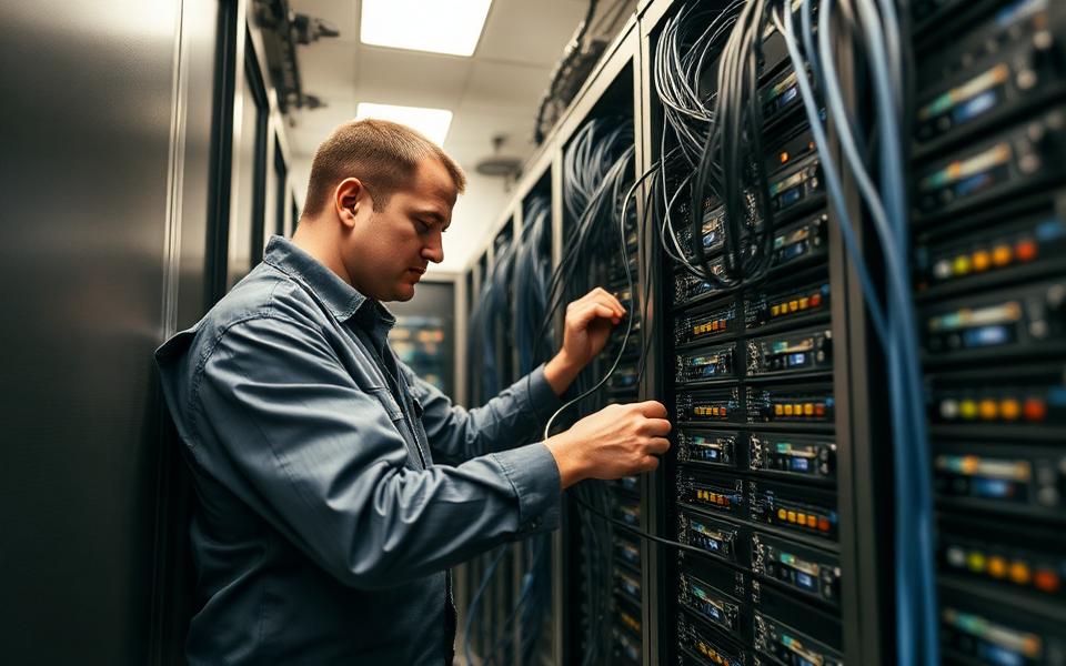 Technician terminating low-voltage cabling at a security equipment rack