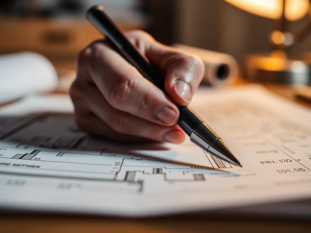 Hand marking up federal construction drawings with a fine-tip pen during compliance review