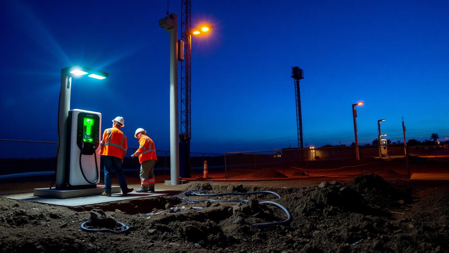 Crew installing an electric vehicle charging station at dusk under portable work lights