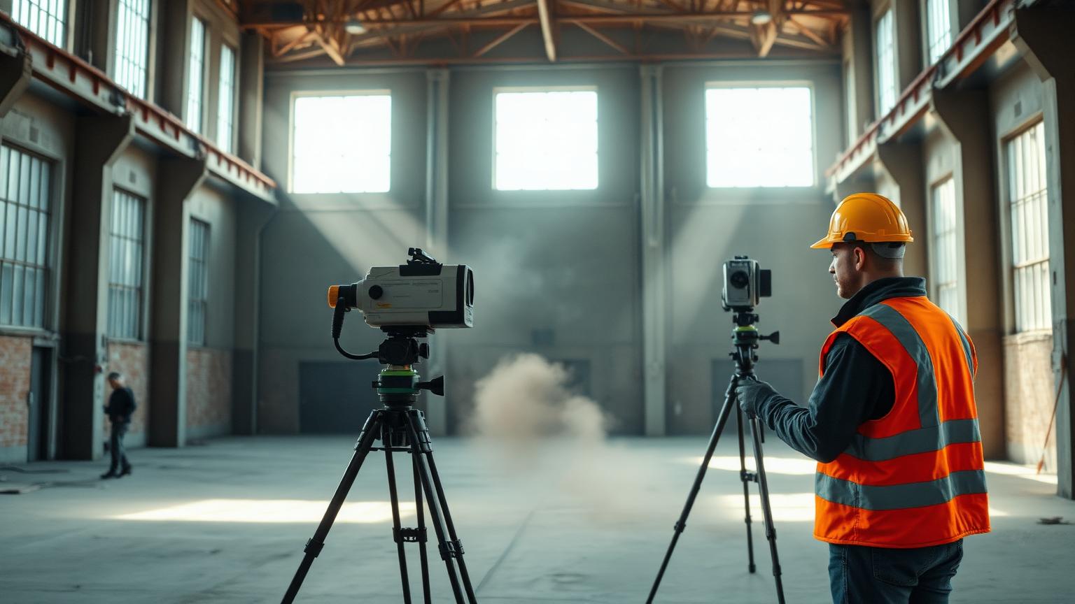 Reality capture technician operating a tripod-mounted survey-grade laser scanner inside a large building interior