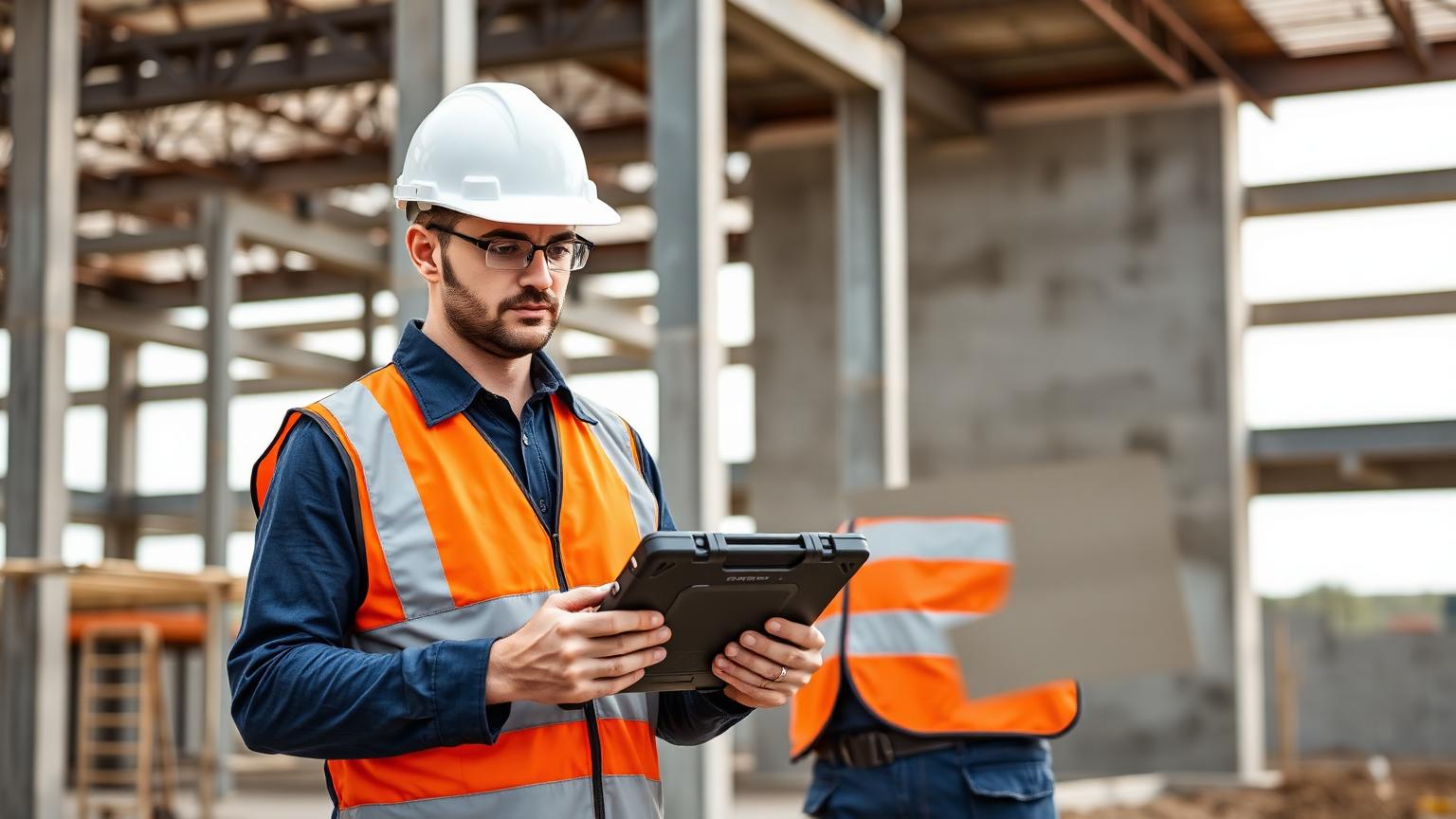 Construction manager in orange safety vest reviewing project data on a rugged tablet at an active federal facility construction site