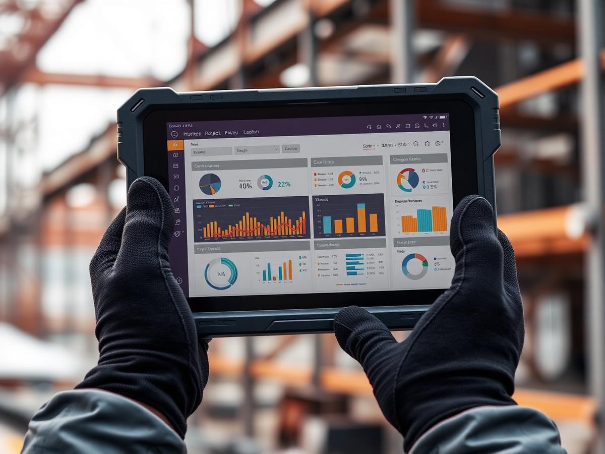 Gloved hands holding a rugged tablet showing a construction project dashboard on an active job site