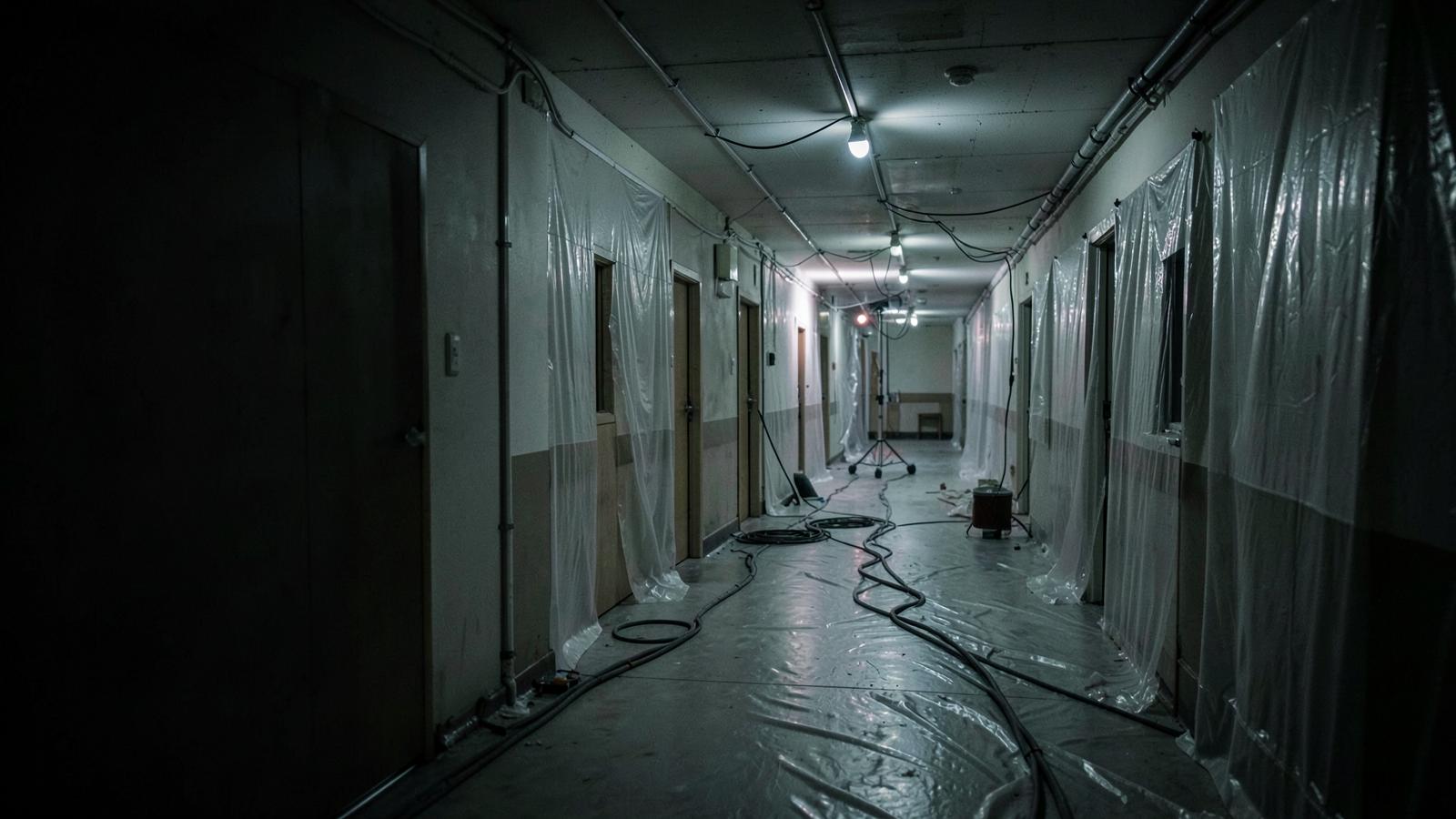 Dim hospital corridor under renovation at night with temporary string lighting, plastic containment sheeting over doorways, and cable runs across the protected floor